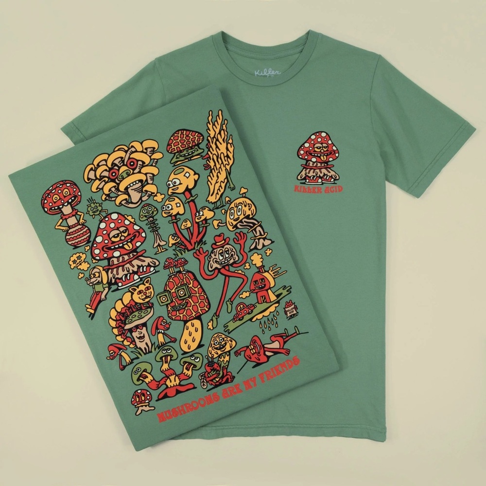 Killer Acid – MUSHROOM FRIENDS CAMP GREEN T-SHIRT